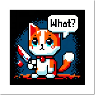 Pixelated Mischievous Cat with Knife - Quirky Pixel Art Humor Posters and Art